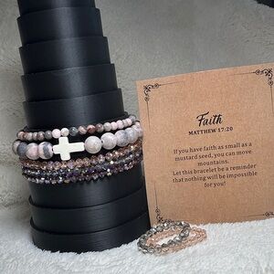 Matthew 17:20 2 Stone Bracelets, Cross Charm & 3 Beaded Bracelets & 2 Rings NWOT